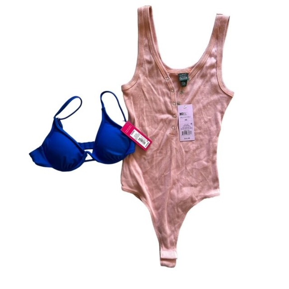 wild fable Tops - NWT! XS Bundle Lot Pink Ribbed‎ Wild Fable Bodysuit & XS Blue Xhiliration Bikini